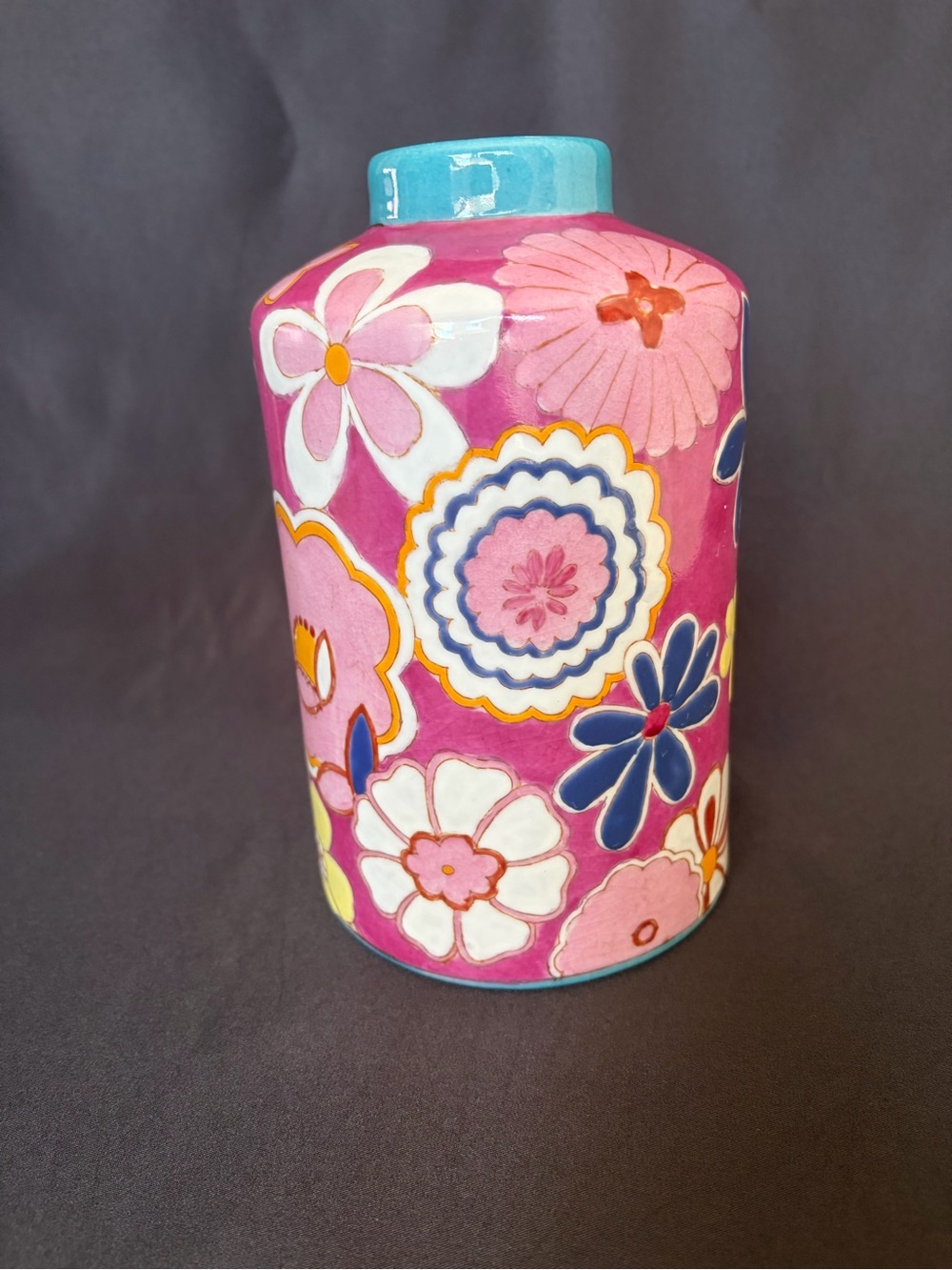Pink Floral Ceramic Vase with Blue Rim - Home Accents